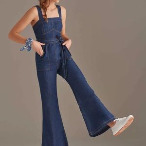 Pilcro Flared Denim Jumpsuit - Anthropologie blue jean jumpsuit - belted